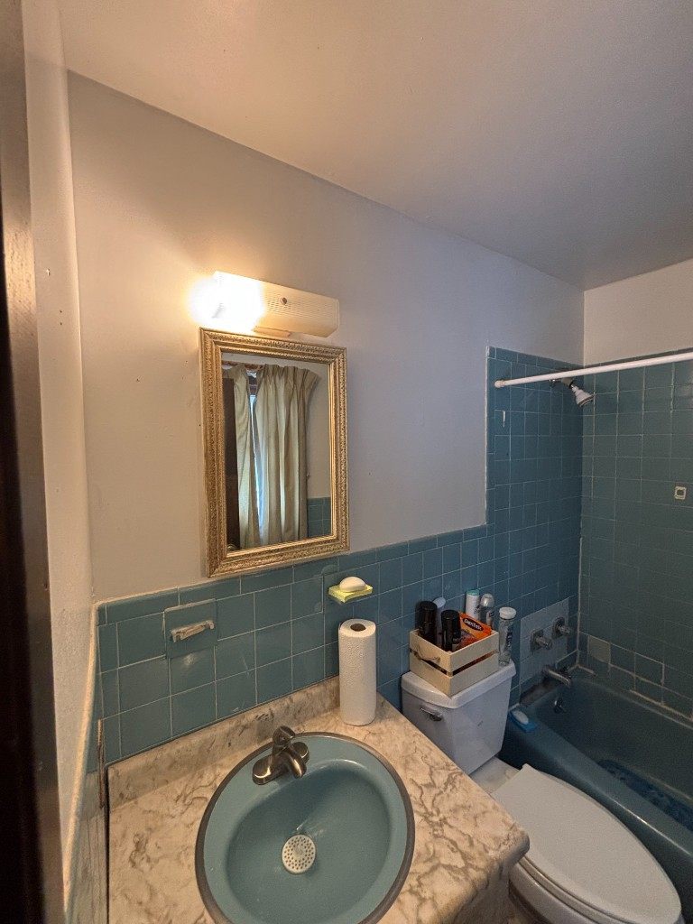 Before — blue tiled bathroom with vanity