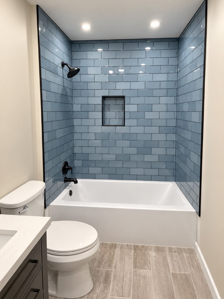 Finished blue subway tile tub surround with black fixtures